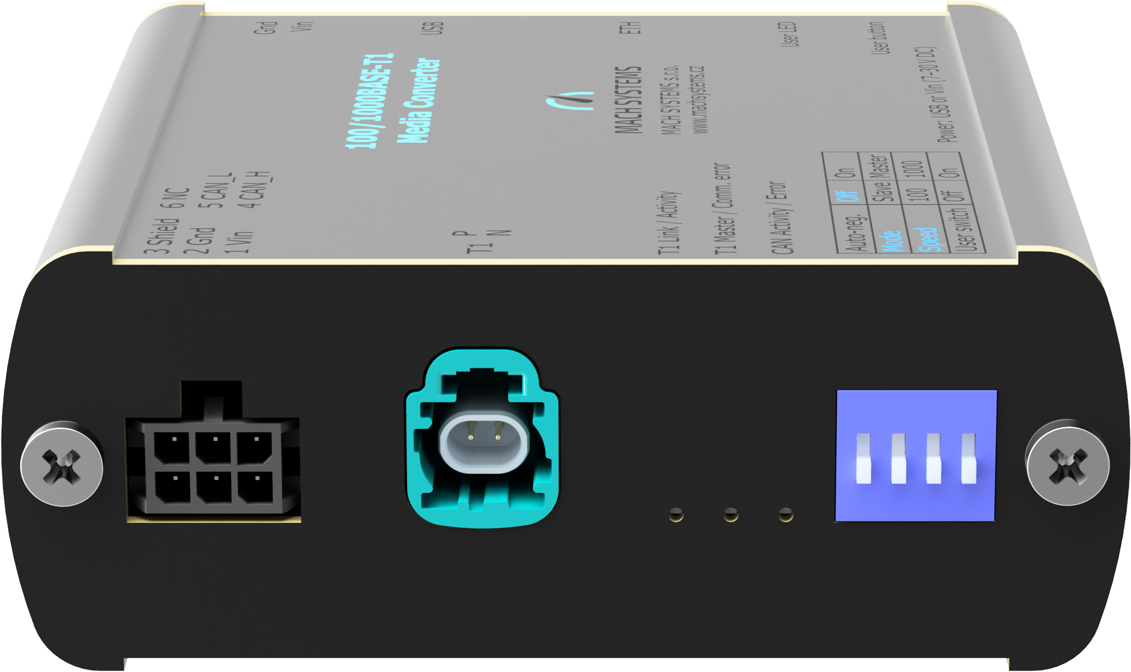 MA-1000BASET1-MC-HMTD 100_1000BASE-T1-Media-Converter-H-MTD left side view computer generated image