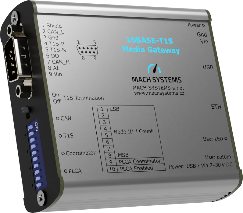 Mach Systems MA-10BASET1S-MG 10BASE-T1SMedia Gateway front and side view
