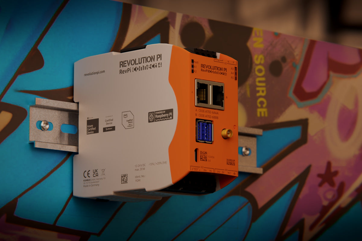 KUNBUS Revolution Pi Rev Pi Connect 4 mounted left side and front view