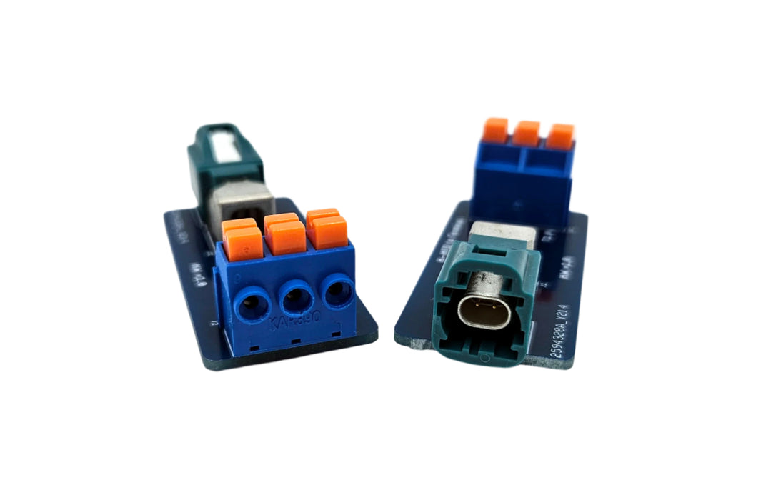 Mach Systems ADAPTER-HMTD-TERMINAL-M Rosenberger H-MTD male Z-coding adapter to terminal block PCB adapter front and back view