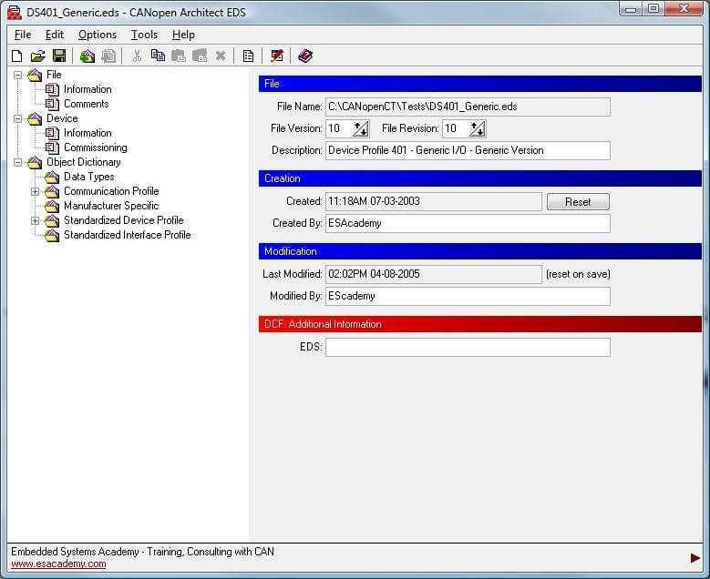 CANopen Architect Standard ES-SFT-CAEDP data screen