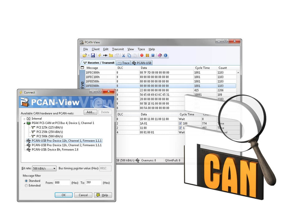 PCAN-View IPES-000000 (Free CAN Monitor) data screen example view