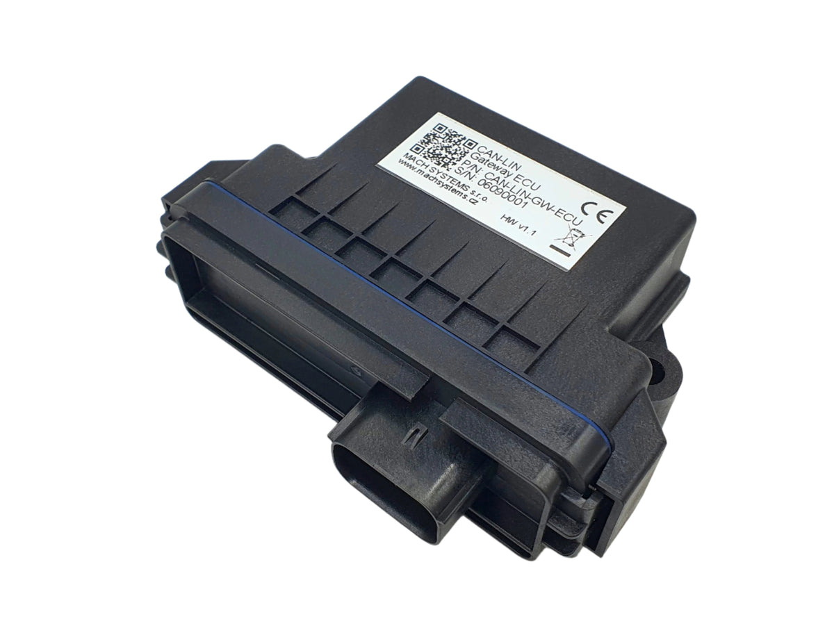 MACH SYSTEMS MA-CAN-LIN-GW-ECU Gateway ECU bottom and front view on angle