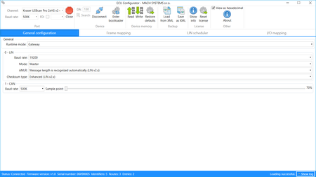 MACH SYSTEMS MA-CAN-LIN-GW-ECU CAN-LIN Gateway ECU general configuration screen view