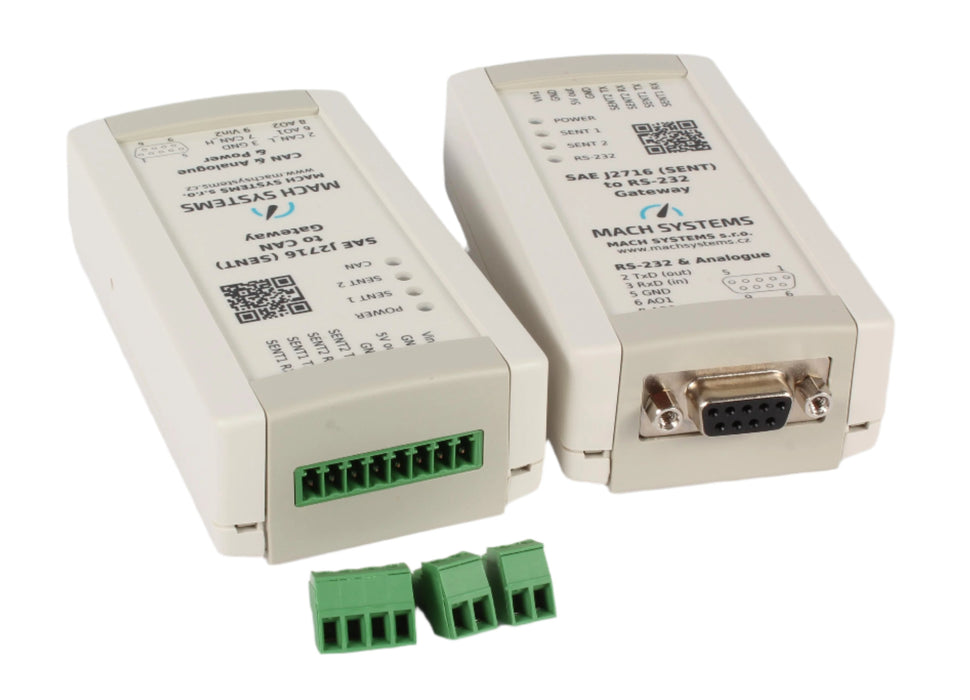 MA-SENT-RS232 SAE J2716 (SENT) to RS232 gateway top and bottom view