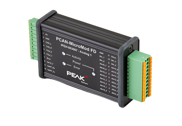 Peak system IPEH-003087 PCAN-MicroMod FD Analog 1 front top and right side view