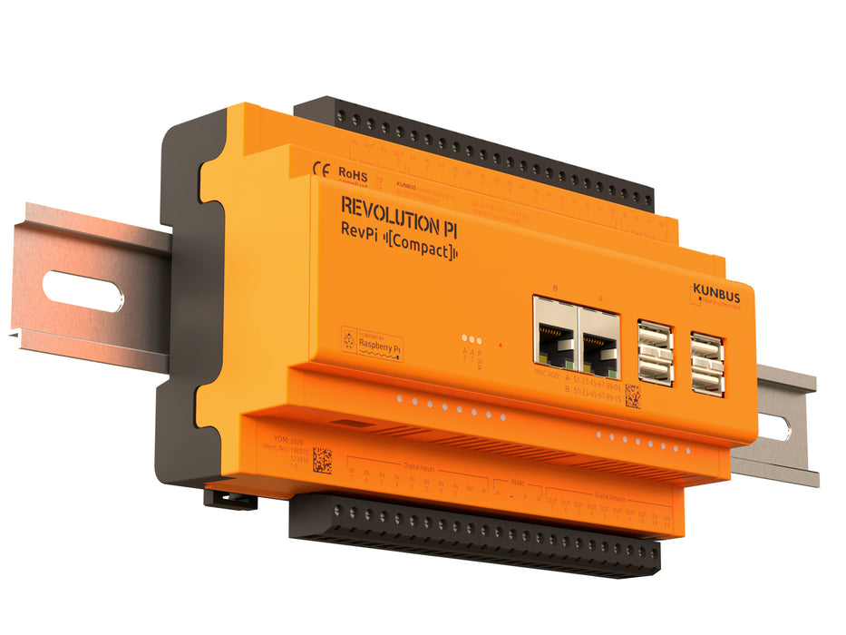 KUNBUS KU-PR100272 RevPi Compact 2 mounted front and left side view