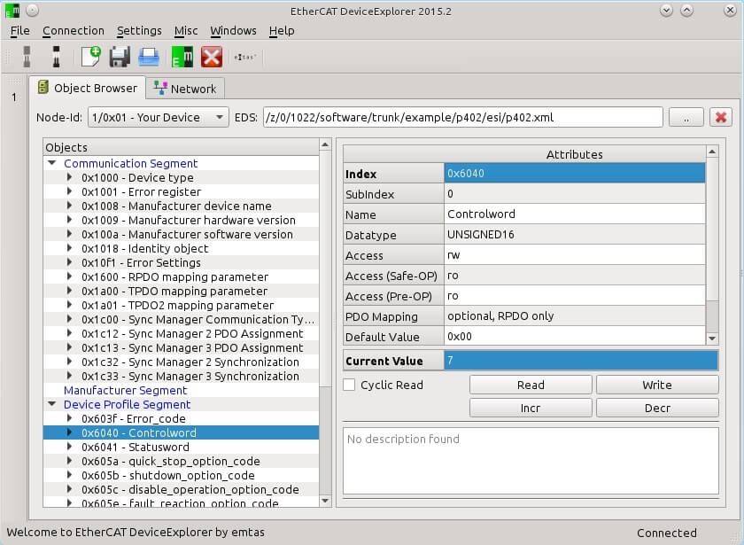 EtherCAT DeviceExplorer EM-1024-10 data screen view