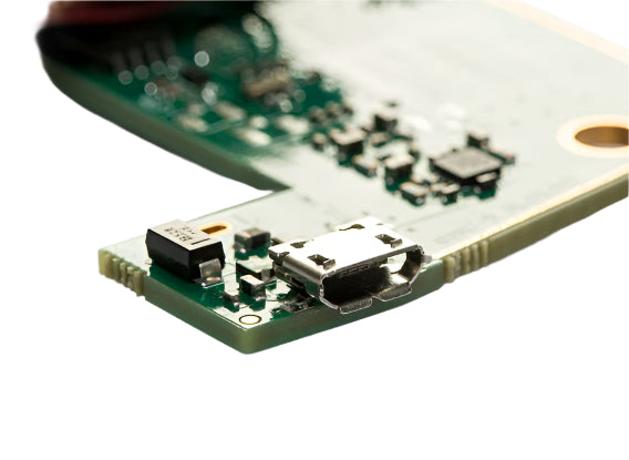 Kvaser KV-00869-4 Close up showing USB connector on bare circuit board version of CAN bus interface and data logger