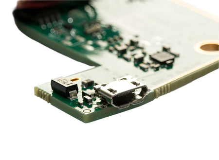 Kvaser KV-00869-4 Close up showing USB connector on bare circuit board version of CAN bus interface and data logger
