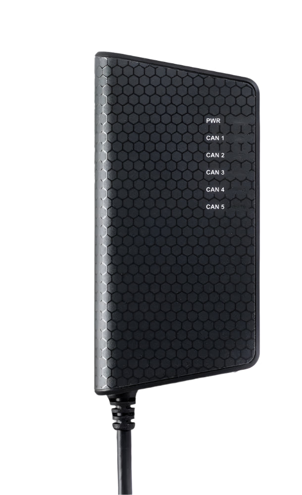 A black Kvaser Memorator Pro 5xHS data logger and USB-to-CAN interface with visible LED indicators for power and SD card status.