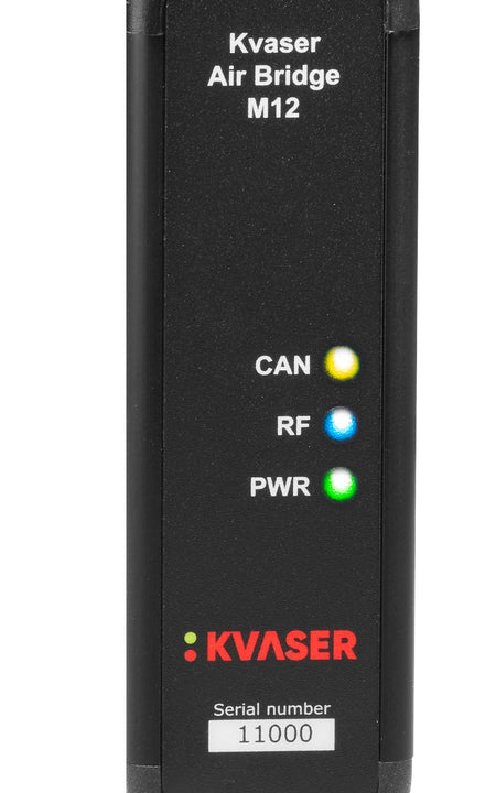 Kvaser KV-01494-7 air bridge m12 indicator close up image with yellow, blue, and green lit LED lights