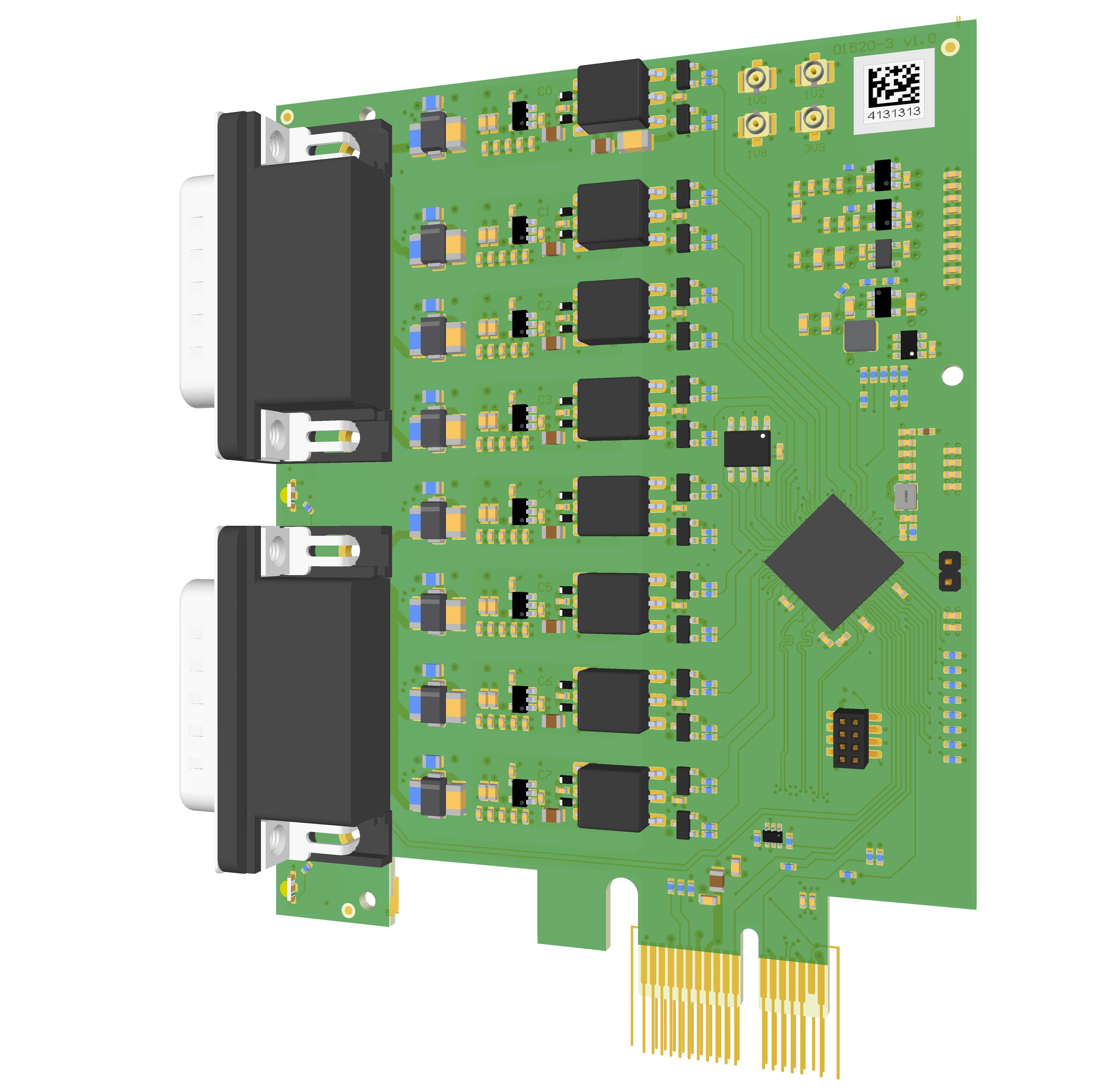 Kvaser KV-01512-8 PCIe 8xCAN front view with computer generated bare circuit board image