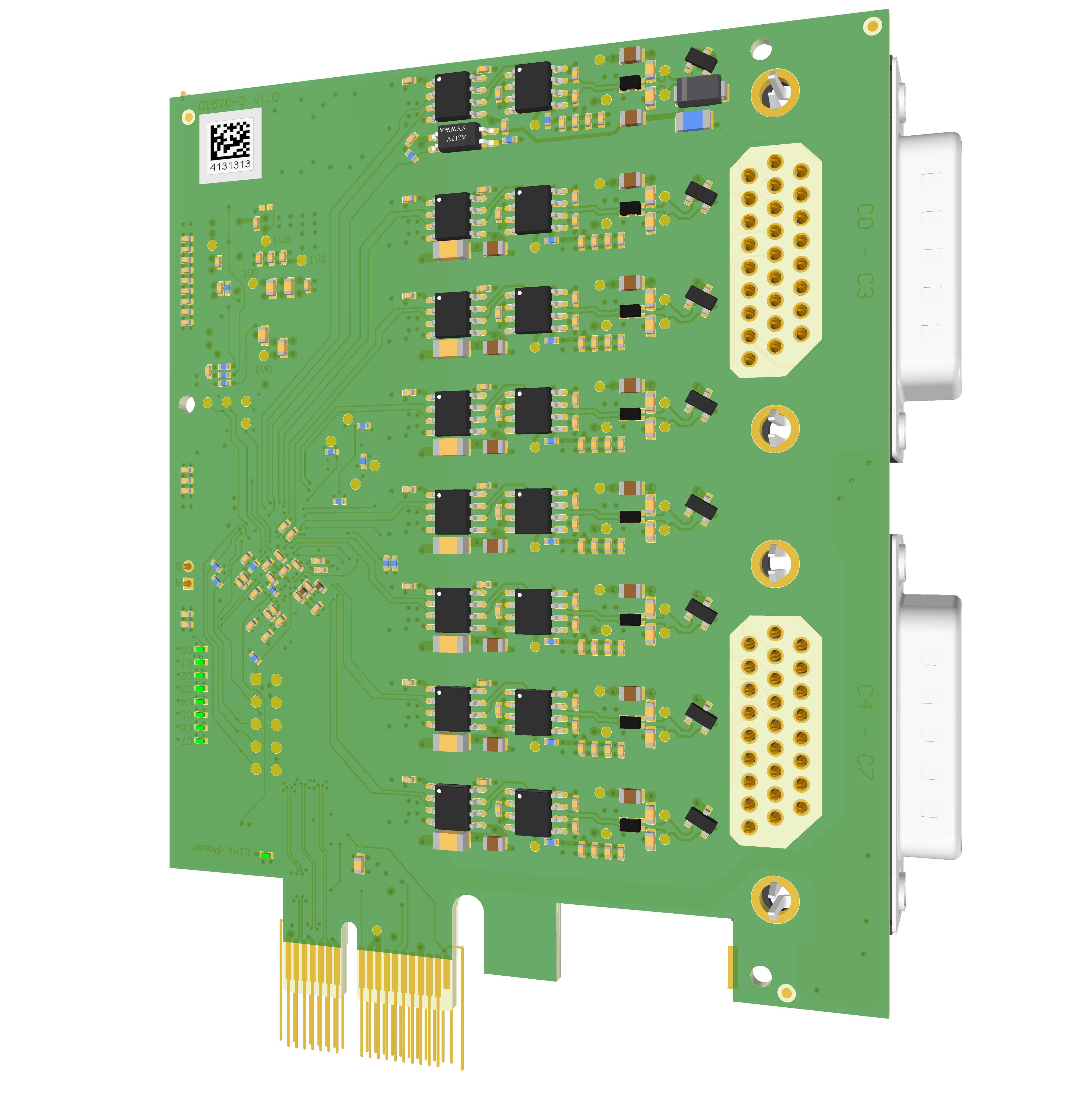 Kvaser KV-01512-8 PCIe 8xCAN back view with computer generated bare circuit board image