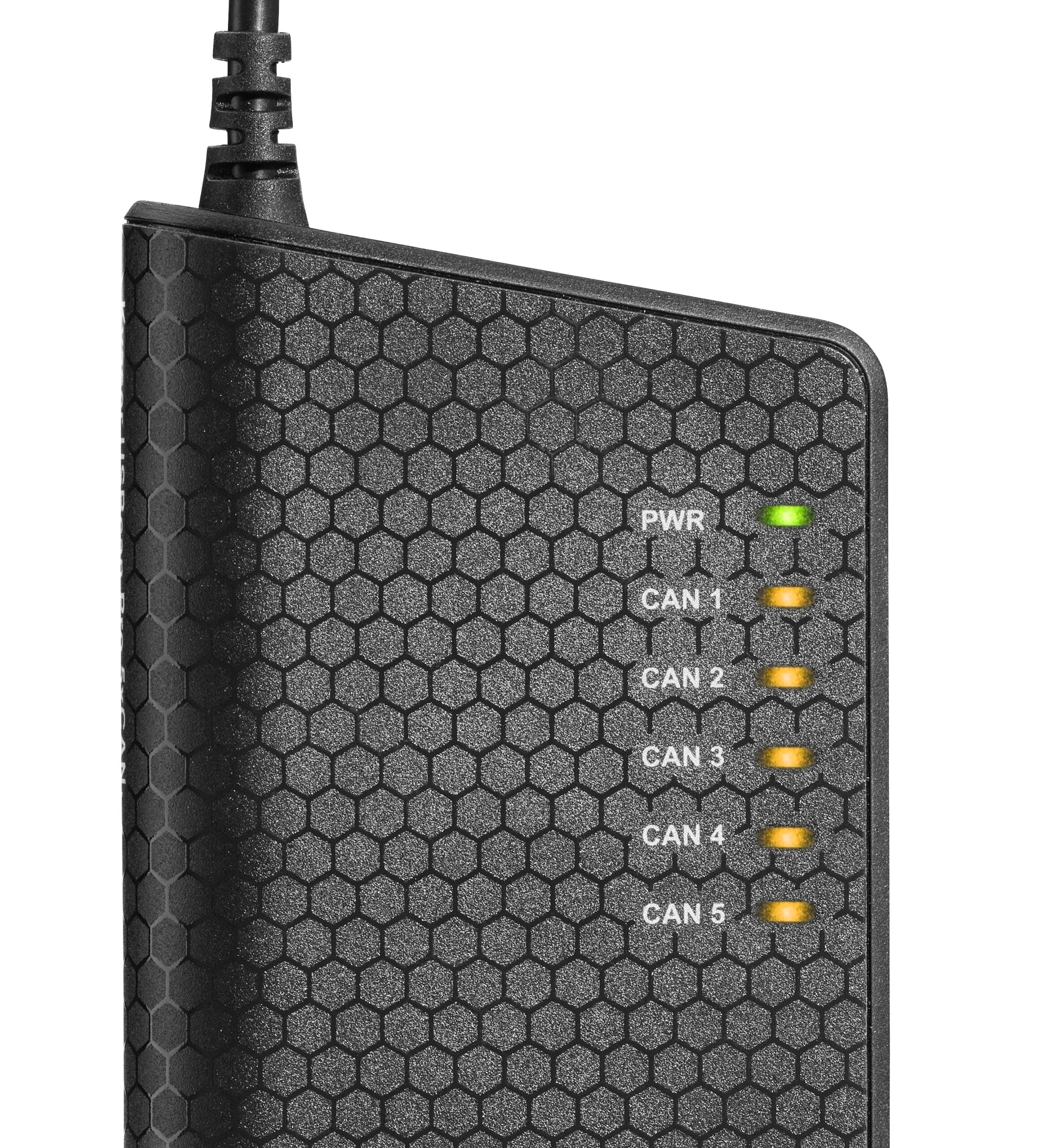 Kvaser KV-01524-1 USBcan Pro 5xCAN indicator green and amber LED lights close up view