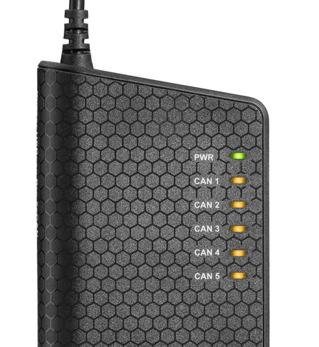 Kvaser KV-01524-1 USBcan Pro 5xCAN indicator green and amber LED lights close up view