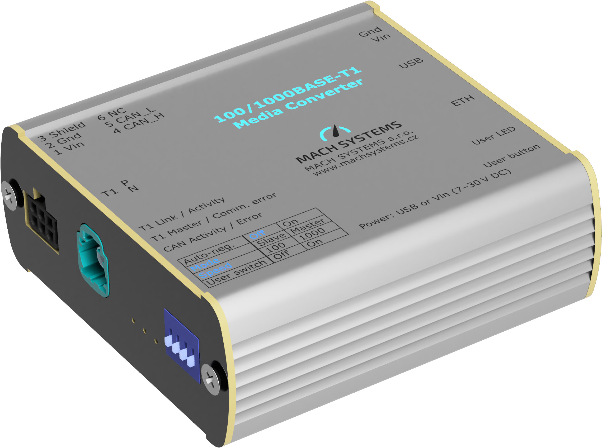 Mach Systems MA-1000BASET1-MC-HMTD100_1000BASE-T1 Media Converter HMTD front side view computer generated image
