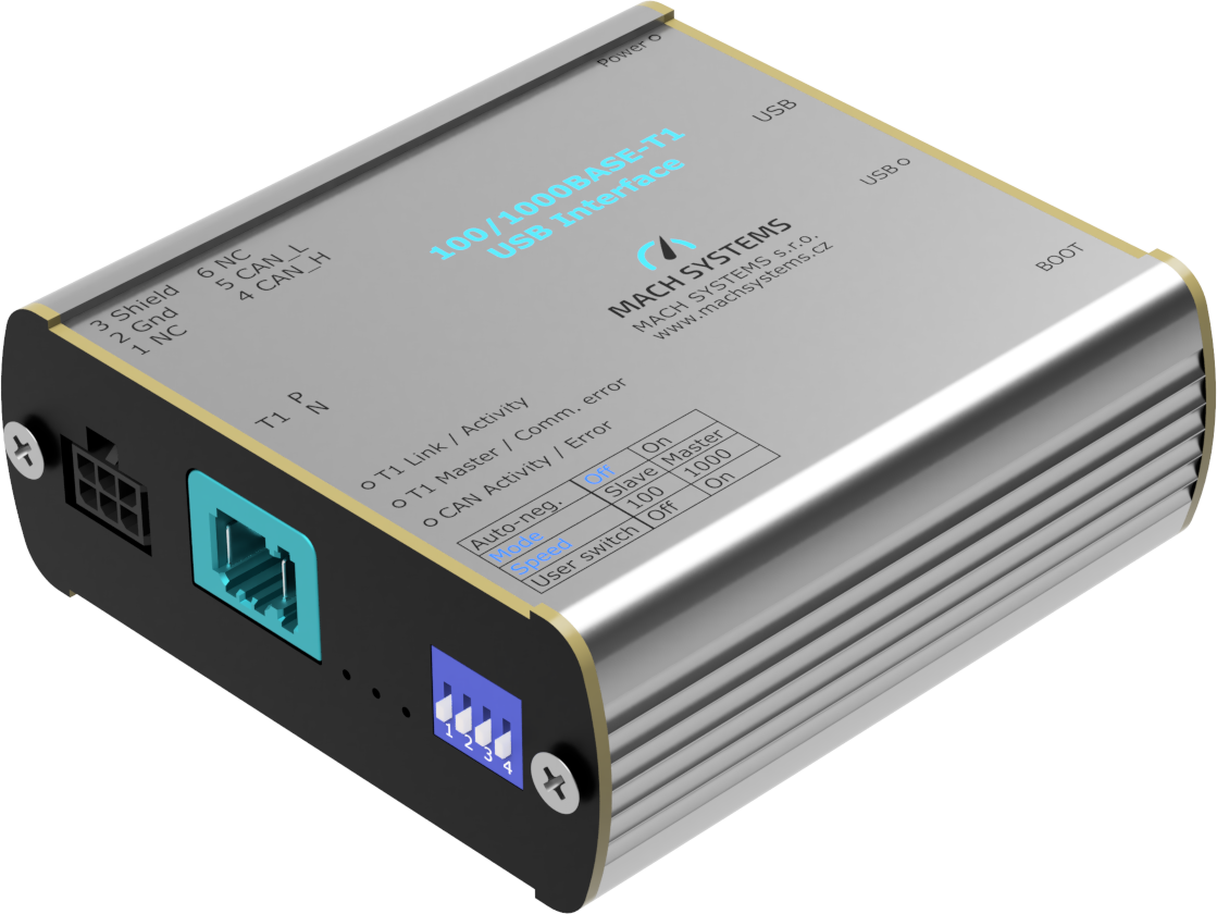 Mach Systems MA-1000BASET1-USB-MATENET Side and top view 100/100Base-T1 USB Interface