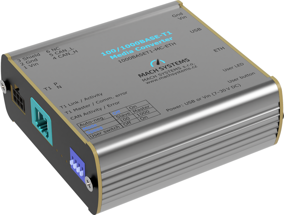 Mach System MA-1000BASET1-MC-MATENET Media Converter MATEnet top and left side view