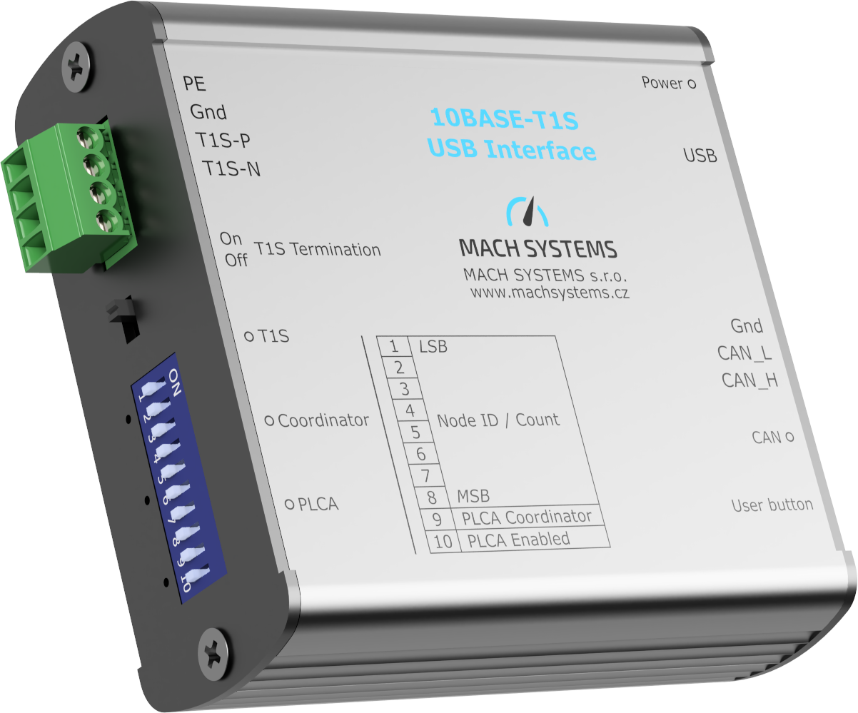 Mach Systems 10BASE-T1S-USB, MA-10BASET1S-USB-IF front and left side view