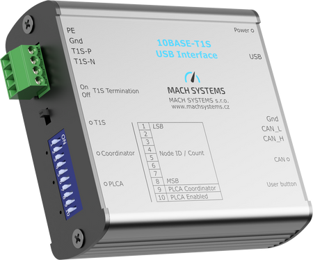 Mach Systems 10BASE-T1S-USB, MA-10BASET1S-USB-IF front and left side view