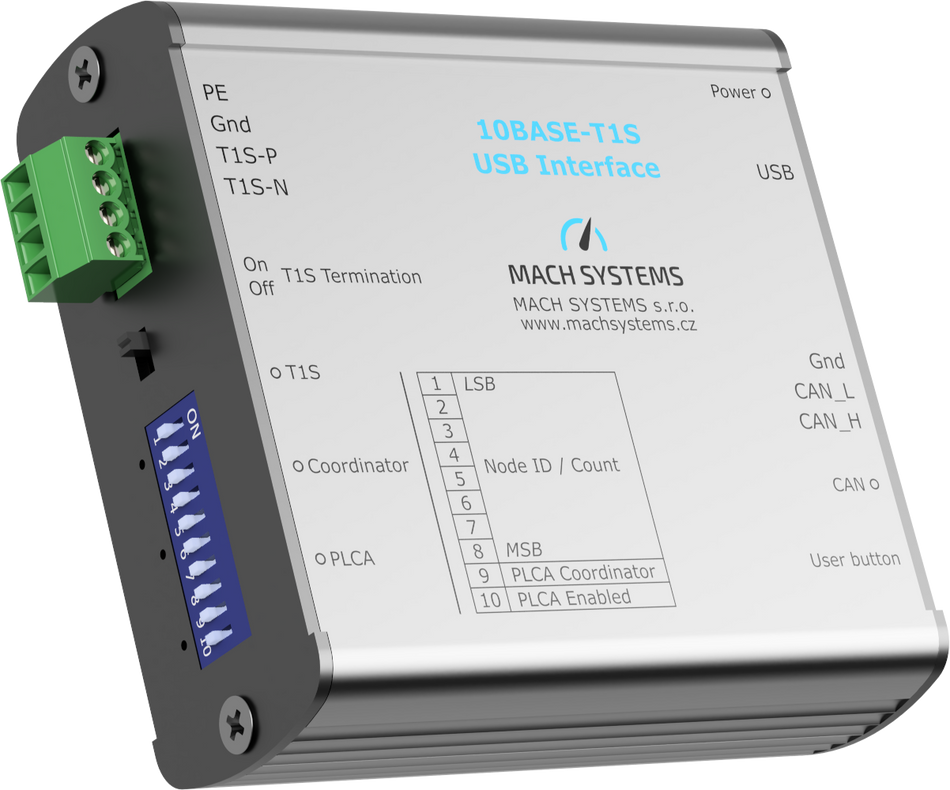 Mach Systems 10BASE-T1S-USB, MA-10BASET1S-USB-IF front and left side view
