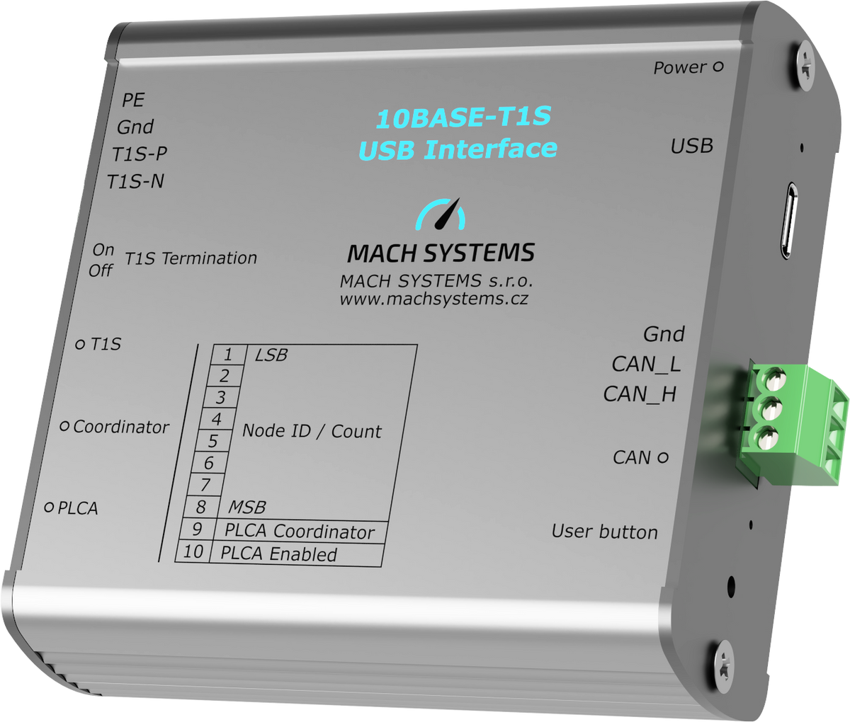 Mach Systems 10BASE-T1S-USB, MA-10BASET1S-USB-IF front and right side view
