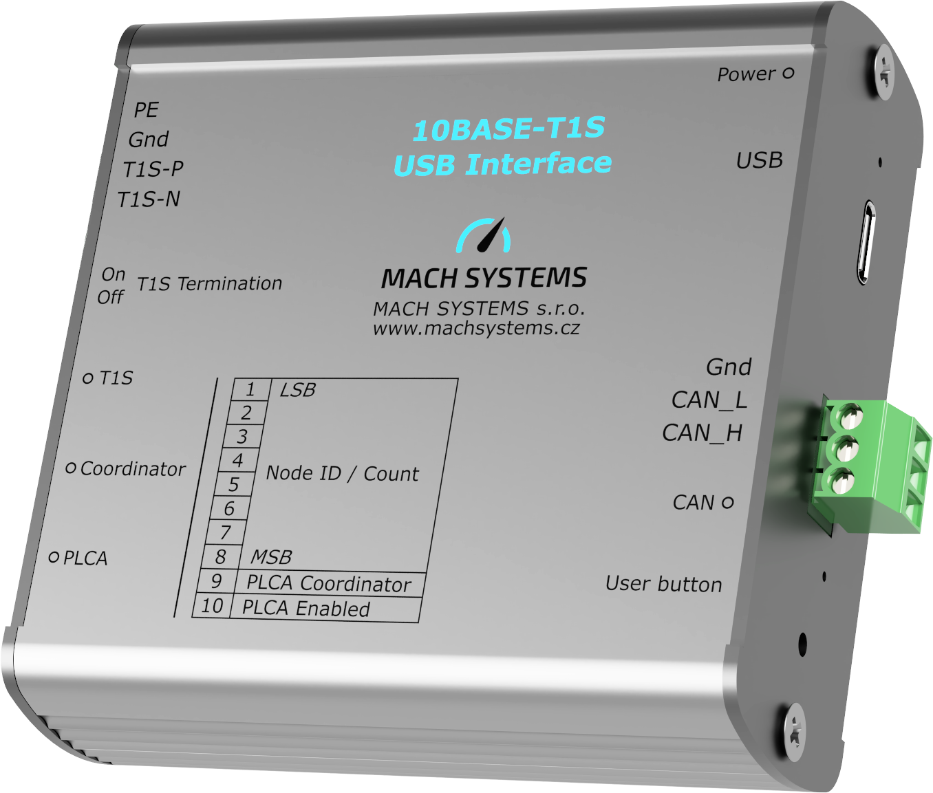Mach Systems 10BASE-T1S-USB, MA-10BASET1S-USB-IF front and right side view