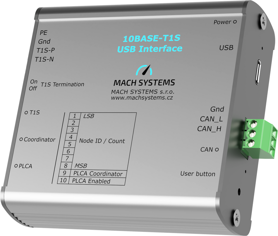 Mach Systems 10BASE-T1S-USB, MA-10BASET1S-USB-IF front and right side view