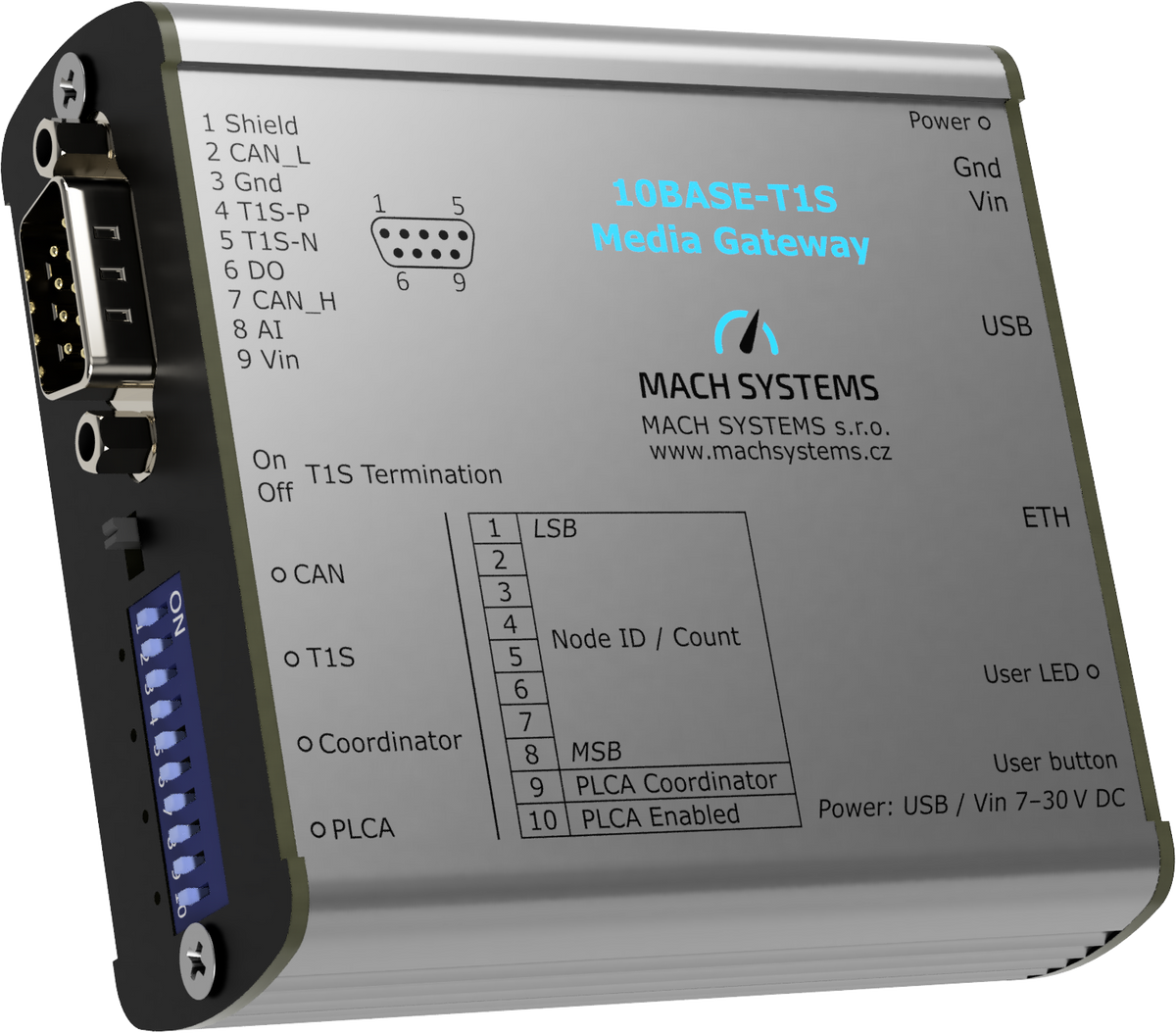 Mach Systems MA-10BASET1S-MG 10BASE-T1SMedia Gateway front and side view