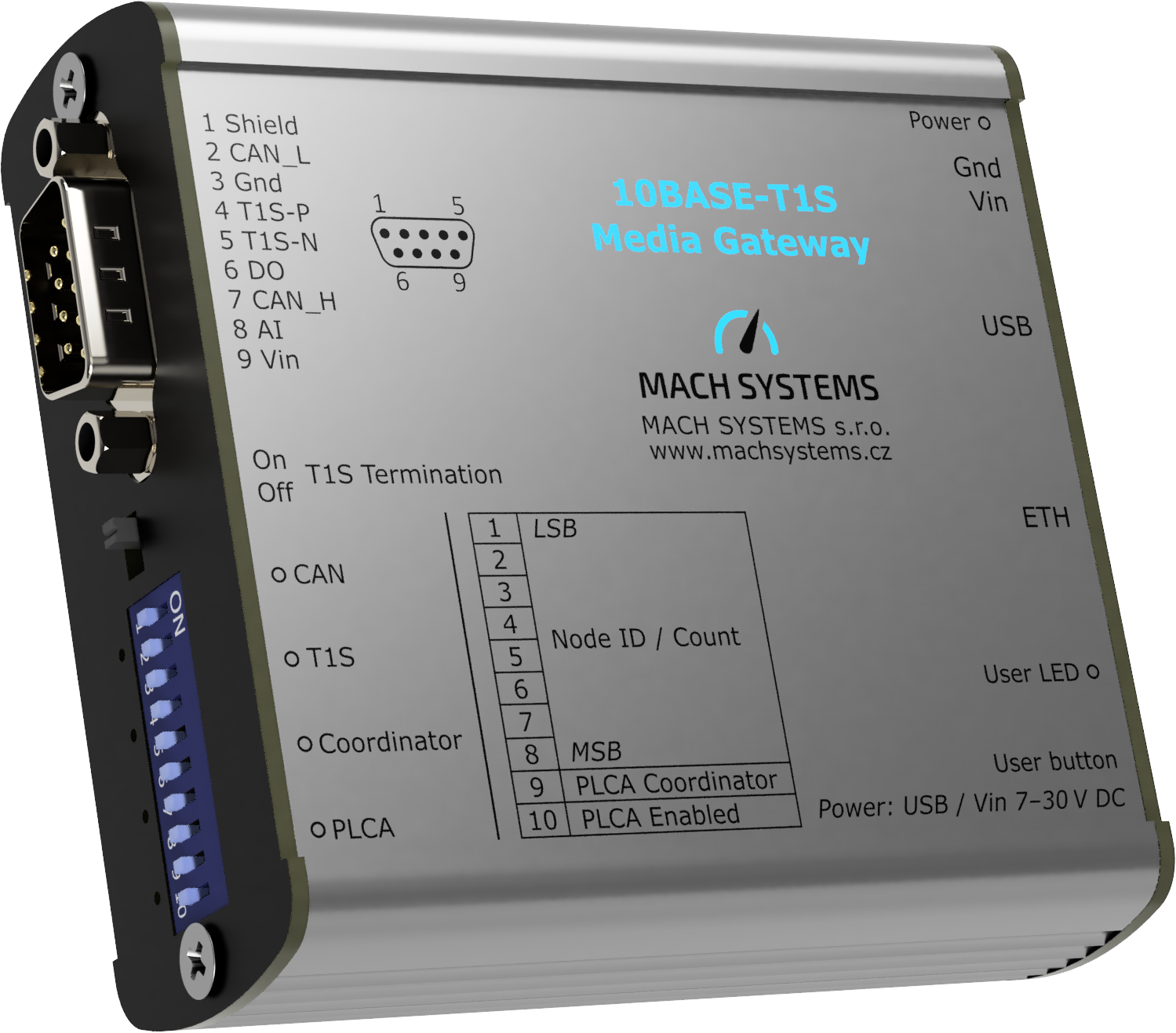 Mach Systems MA-10BASET1S-MG 10BASE-T1SMedia Gateway front and side view