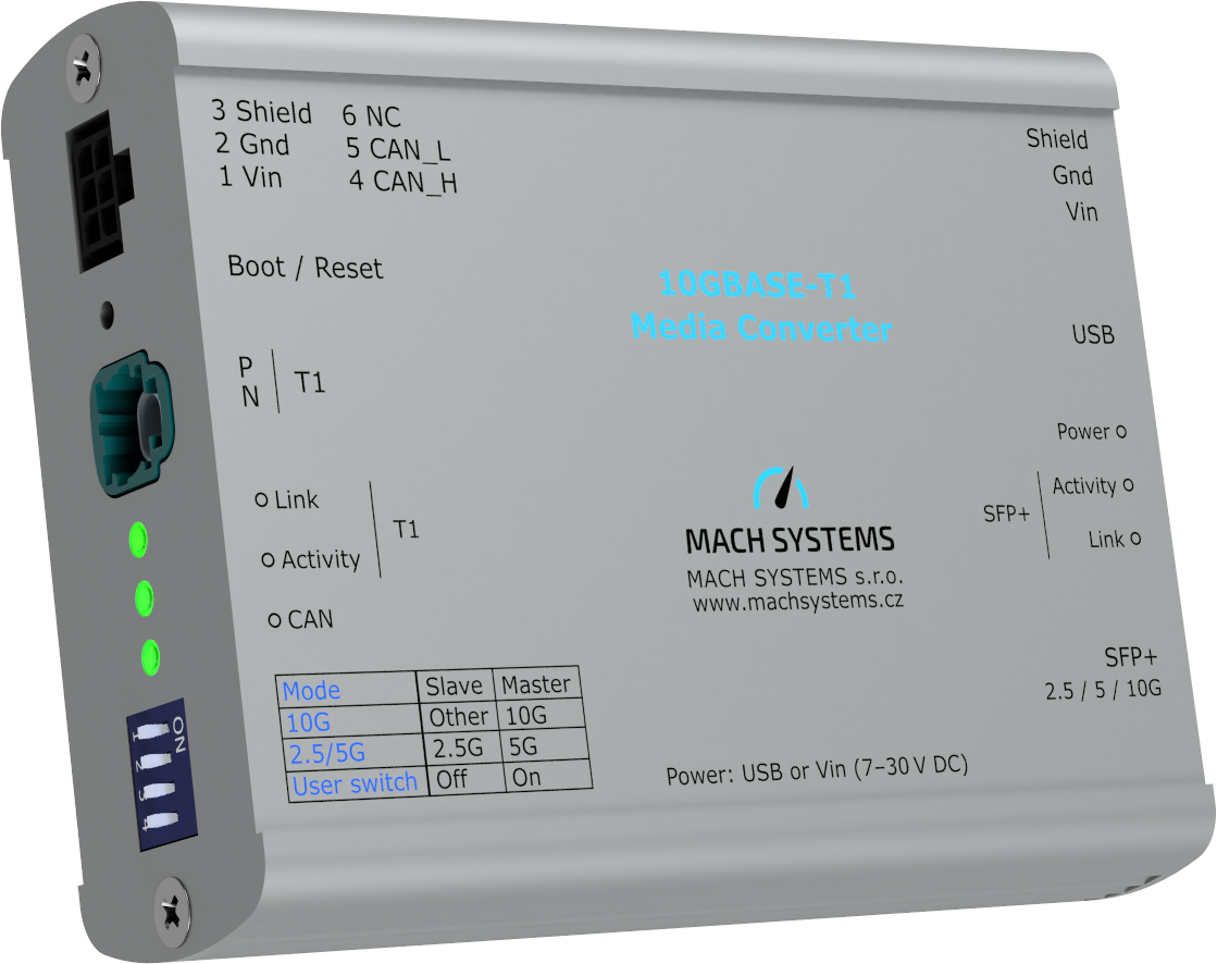 Mach Systems - 10GBASE-T1-Media-Converter - MA-10GBASET1-MC front and side view