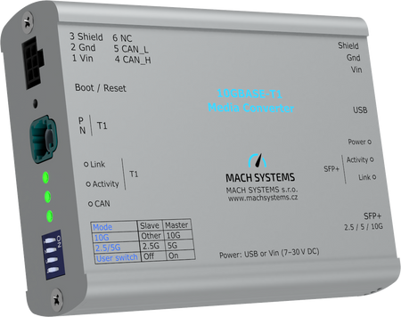 Mach Systems - 10GBASE-T1-Media-Converter - MA-10GBASET1-MC front and side view