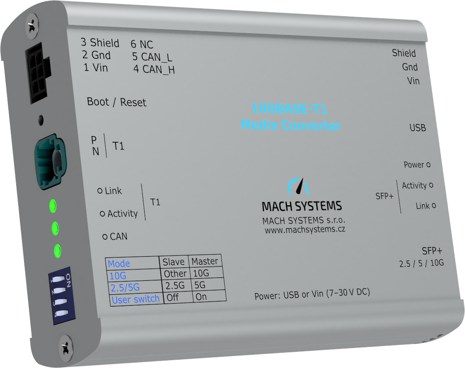 Mach Systems - 10GBASE-T1-Media-Converter - MA-10GBASET1-MC front and side view