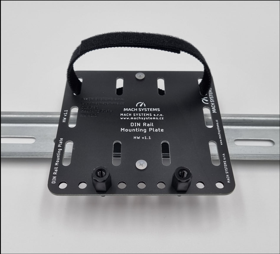 Mach Systems MA-DIN-BRACKET-UNI Mounted Universal DIN Rail Bracket  front face with Velcro strap view