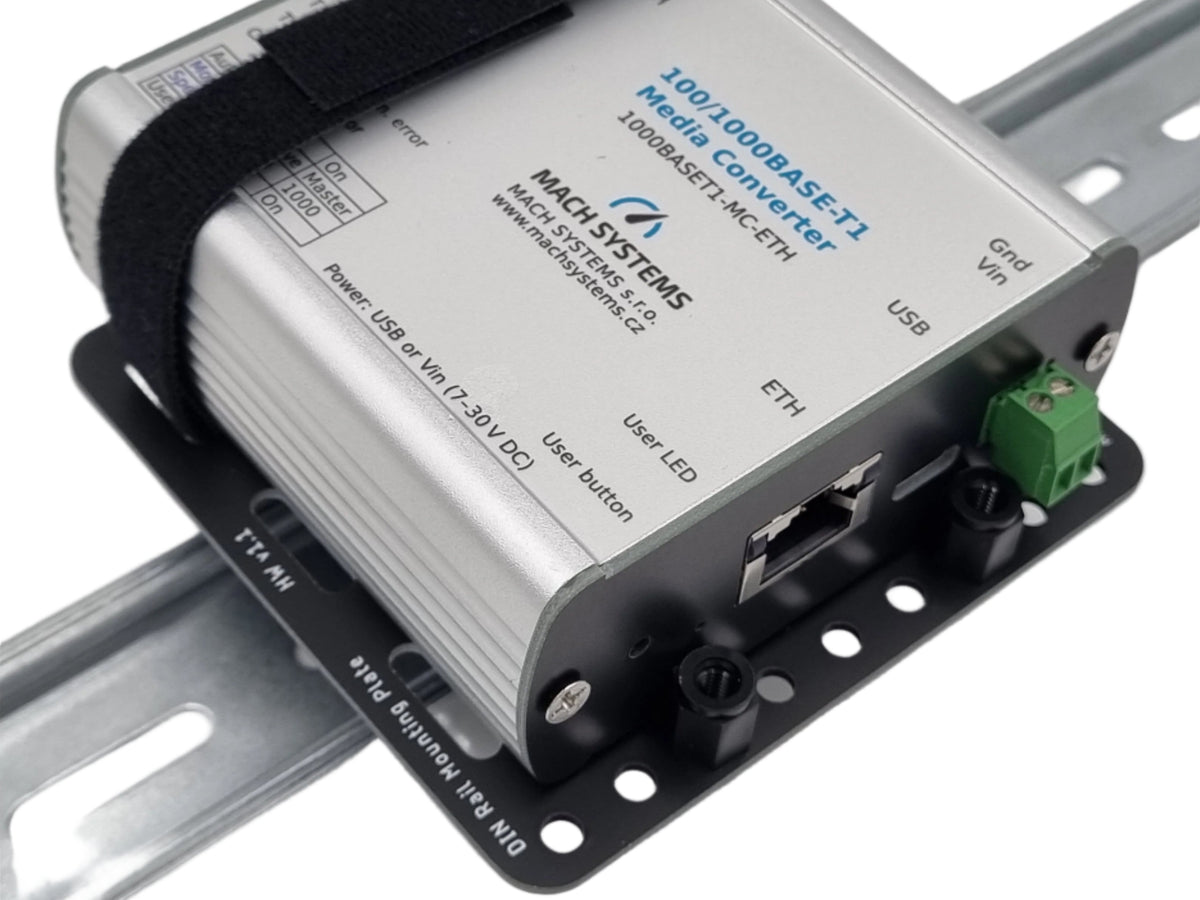 Mach Systems Mounted Universal DIN Rail Bracket, slanted front face image with Velcro strapped 100/1000Base-Ti Media Converter view