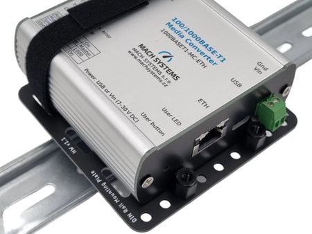 Mach Systems Mounted Universal DIN Rail Bracket, slanted front face image with Velcro strapped 100/1000Base-Ti Media Converter view