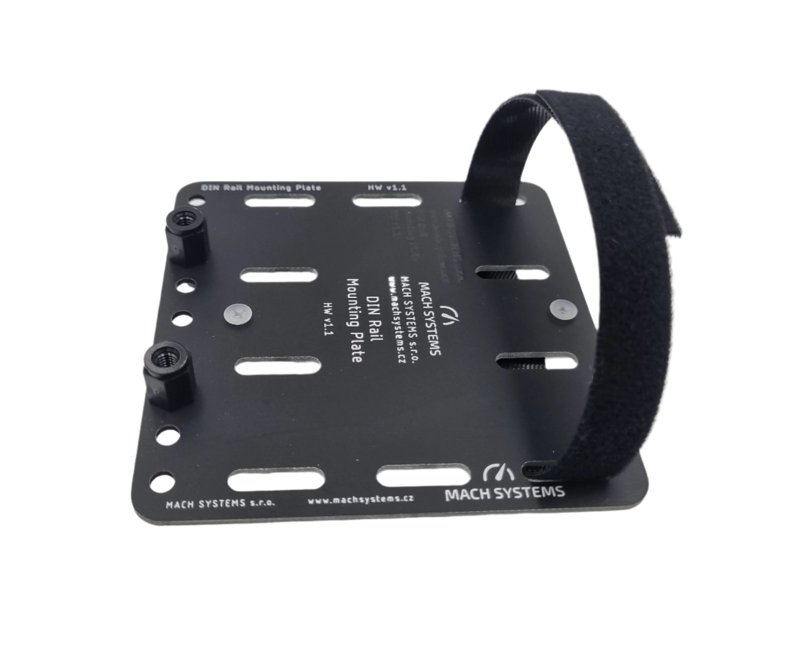 Mach Systems Universal DIN Rail Bracket, front face with Velcro strap side view