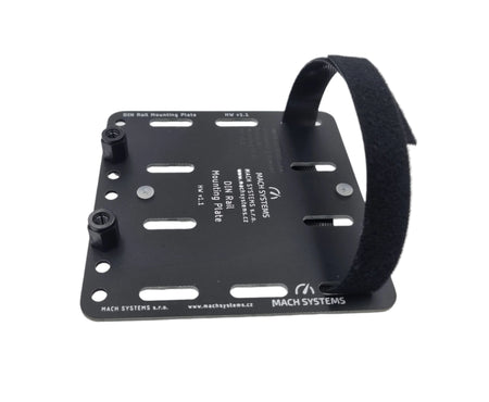 Mach Systems Universal DIN Rail Bracket, front face with Velcro strap side view