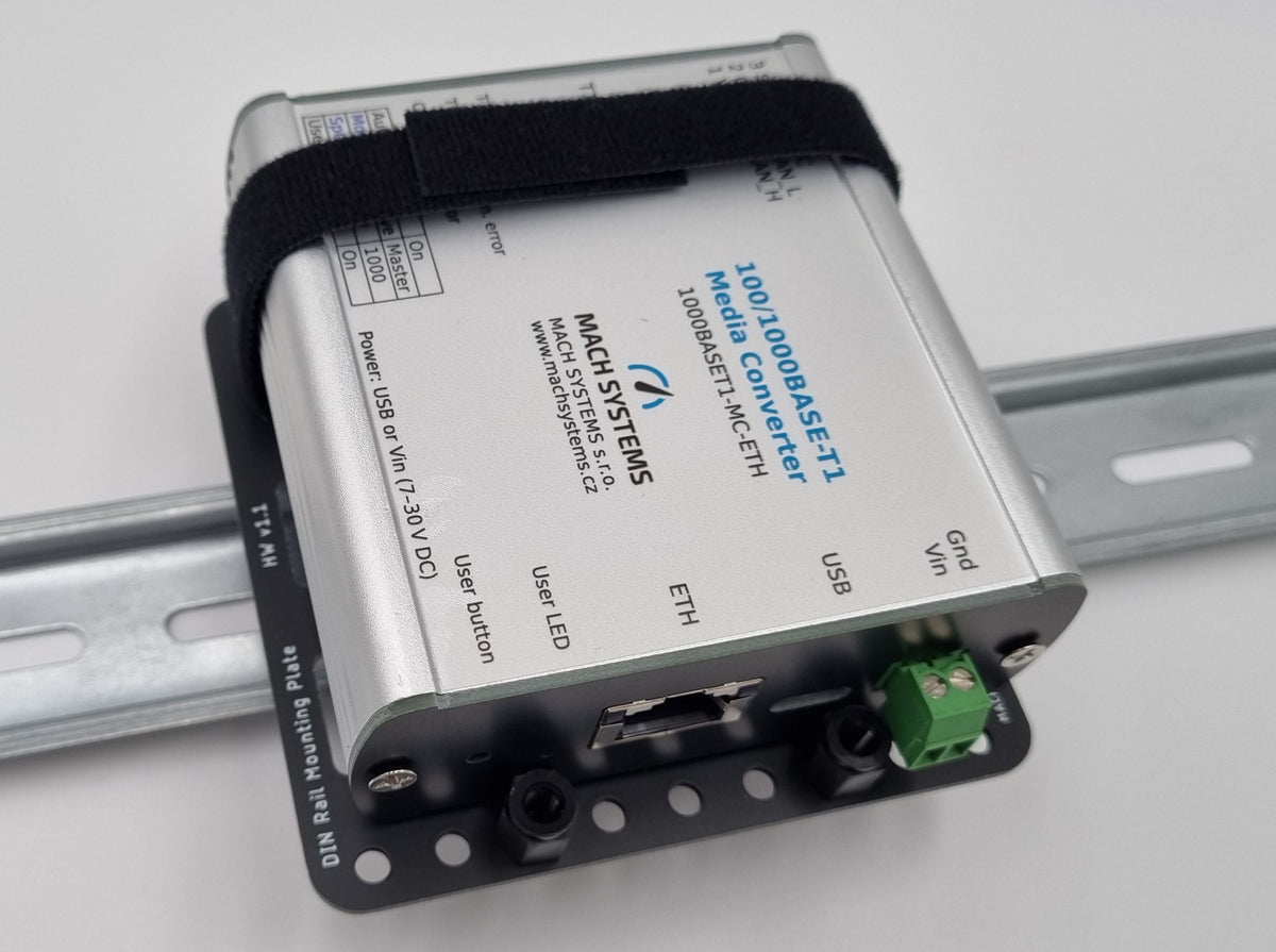 Mach Systems Mounted Universal DIN Rail Bracket, angled front face image with Velcro strapped 100/1000Base-Ti Media Converter view