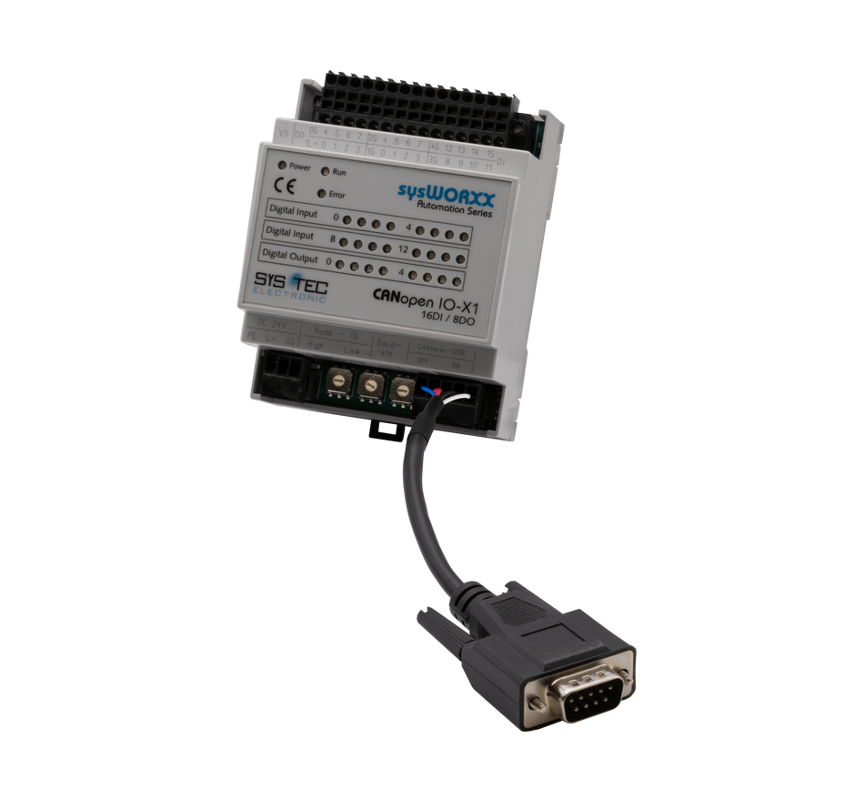 sysWORXX CANopen I/O-X1 - SKU: SYS-3001000 front image view with cord attached