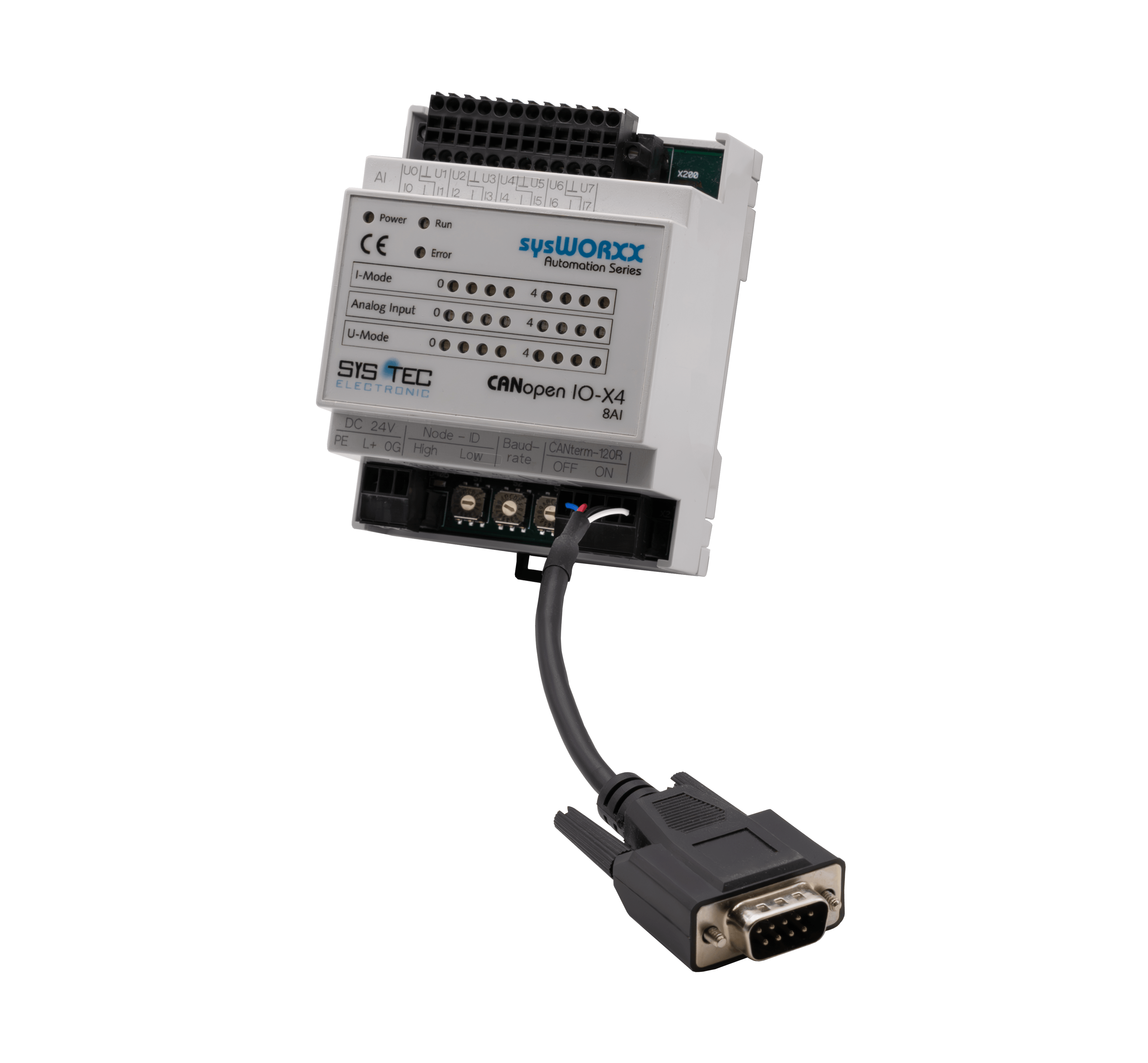 sysWORXX SYS-3001004 CANopen I/O-X4 front view with cord attached