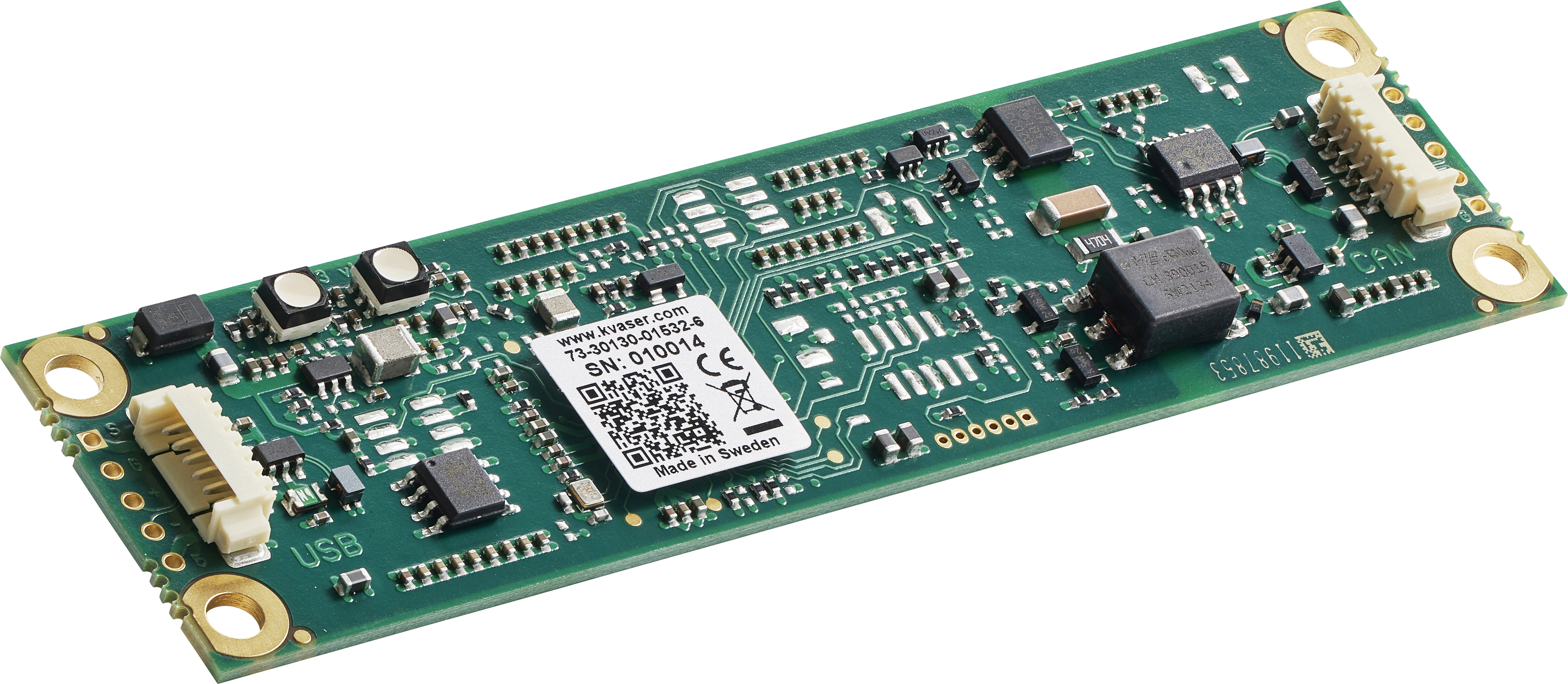 Kvaser KV-01532-6 Leaf v3 CB  Showing bare circuit board slanted view