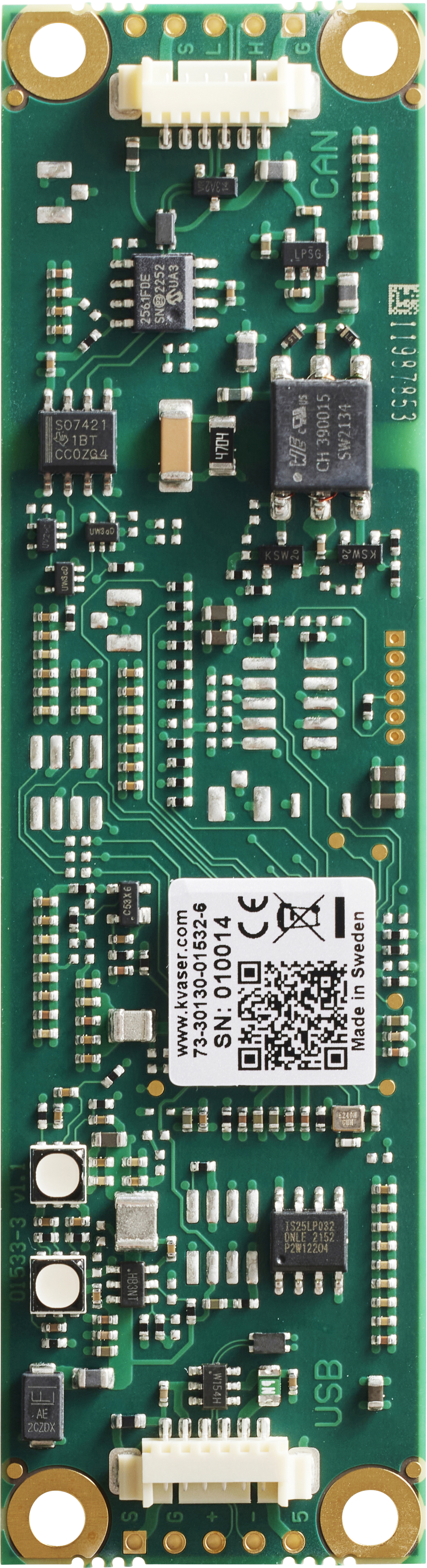 Kvaser KV-01532-6 Leaf v3 CB vertical front view showing bare circuit board