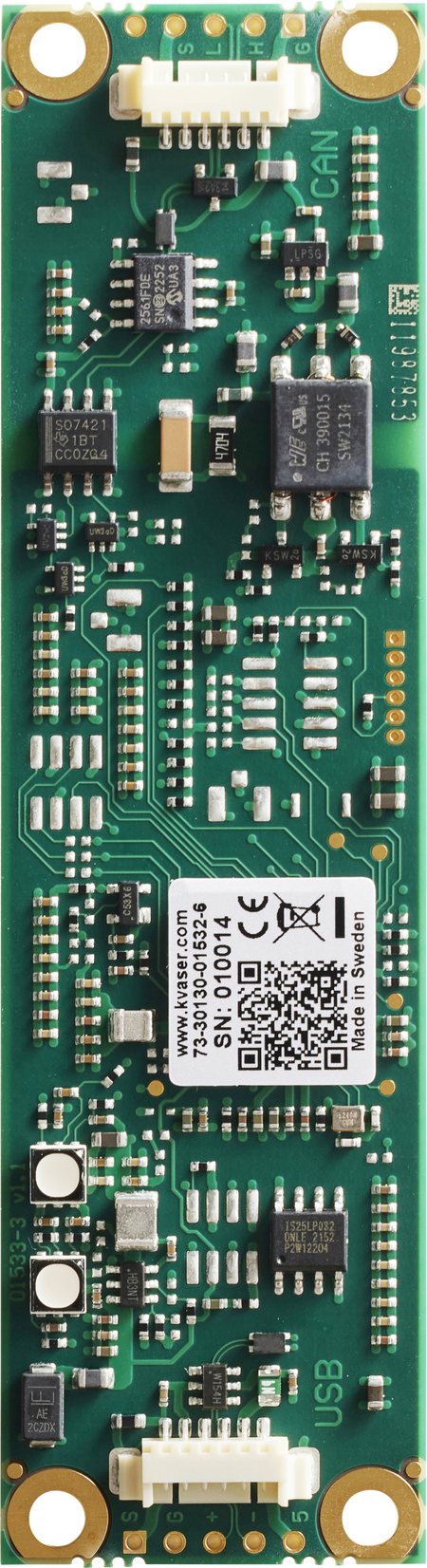 Kvaser KV-01532-6 Leaf v3 CB vertical front view showing bare circuit board