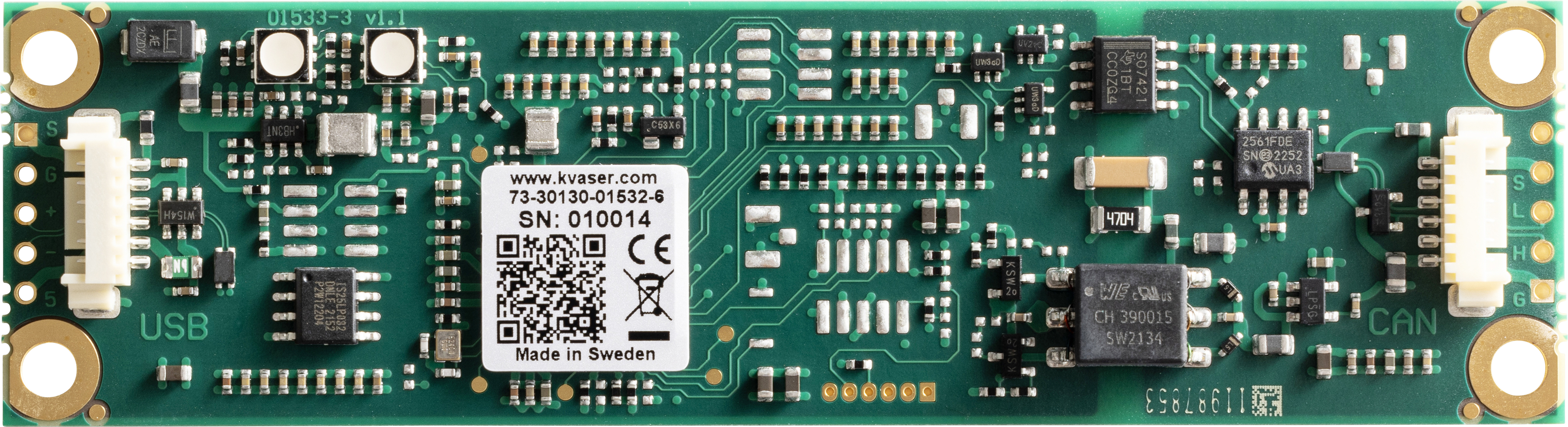 Kvaser KV-01532-6 Leaf v3 CB Horizontal front view showing bare circuit board