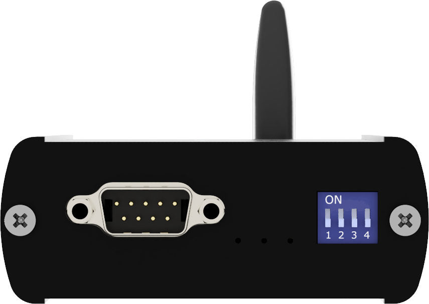MACH-AIRCAN1-side view with 9pin Black electronic device with serial port and on a white background