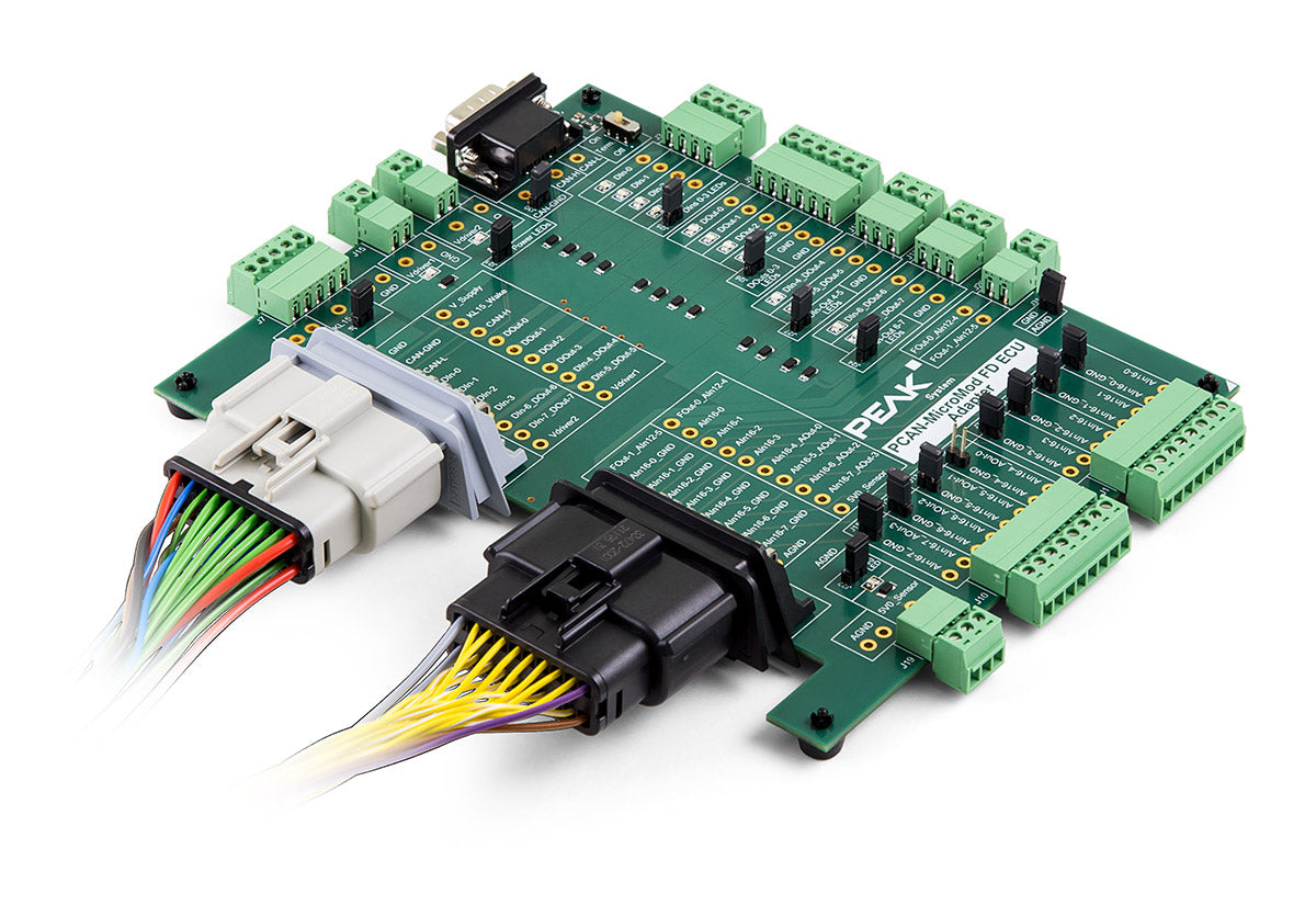 PCAN-MicroMod FD ECU Adapter IPEH-003086 bare circuit board with multiple adapter connections view showing wires to 9-pin D-Sub socket