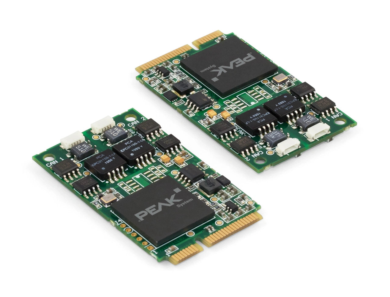 PEAK-System Technik PCAN-miniPCIe IPEH-003048 bare circuit board multi angle view of two units flipped