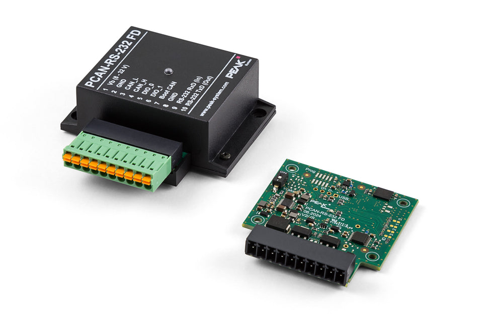 PCAN-RS-232 FD - IPEH-003120 Programmable Converter for RS-232 to CAN and CAN FD - view of circuit board and circuit board in case